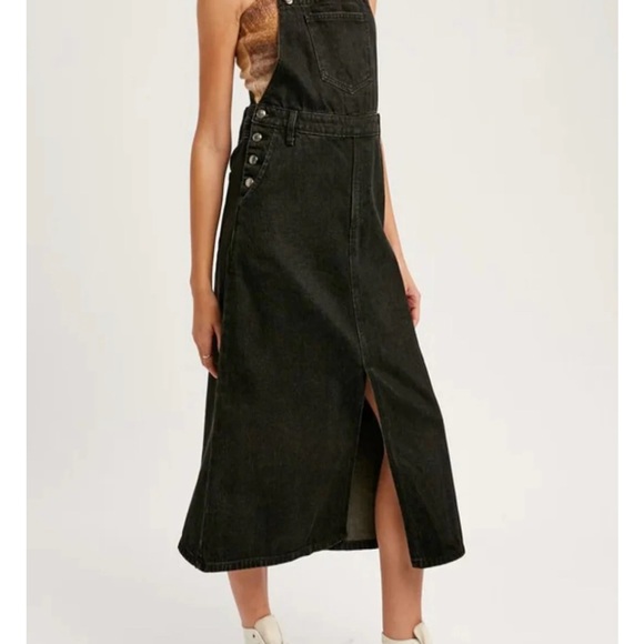 Listicle NWT Black Denim Midi Overall Bib Dress Size S Small - Picture 3 of 11